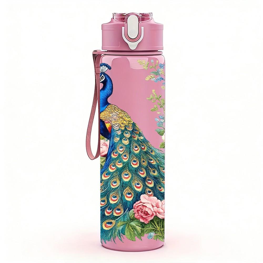 1PC Peacock Flower Botanical Art Print 750ml Color Plastic Sports Water Bottle Leakproof Flip Straw Lid Suitable for Sports Office Home Use