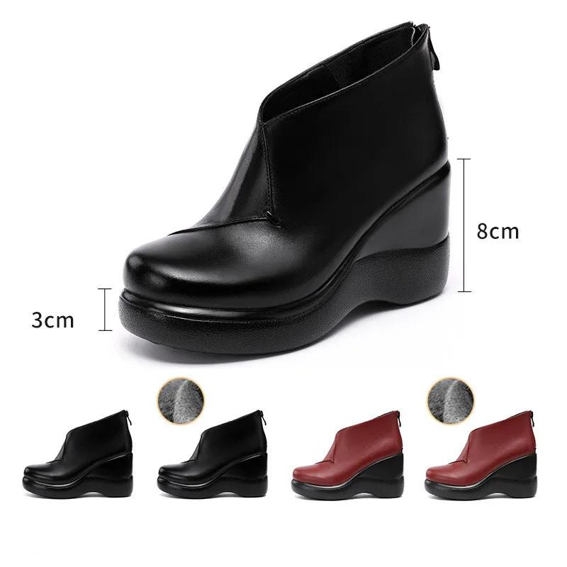 Small Size 32-43 Quality Soft Leather Shoes Women Platform Wedges Fall Winter 2025 Warm Plush High Heels Ankle Boots for Mother