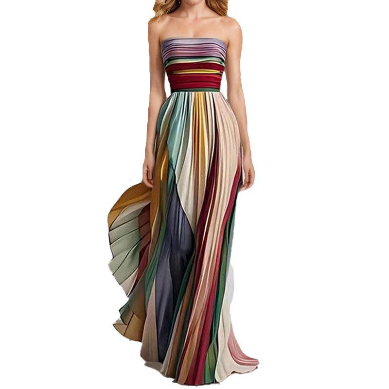 Spring New Women's Clothing, European and American, Sexy Tube Top Color Printed Dress Dress