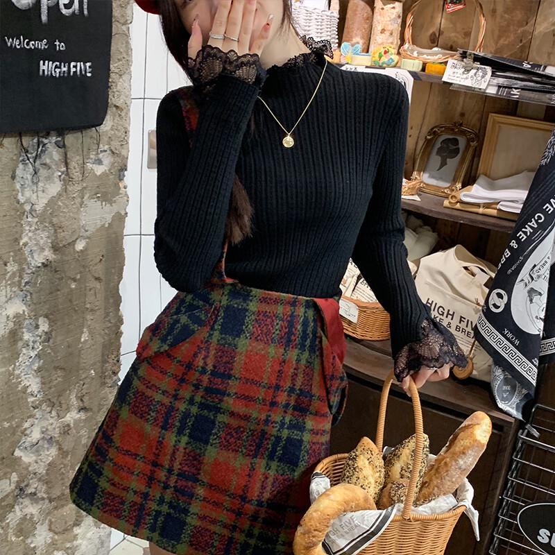 YUZHAOLIN Damska koronkowa bluzka z dzianiny z półgolfem i długim rękawem