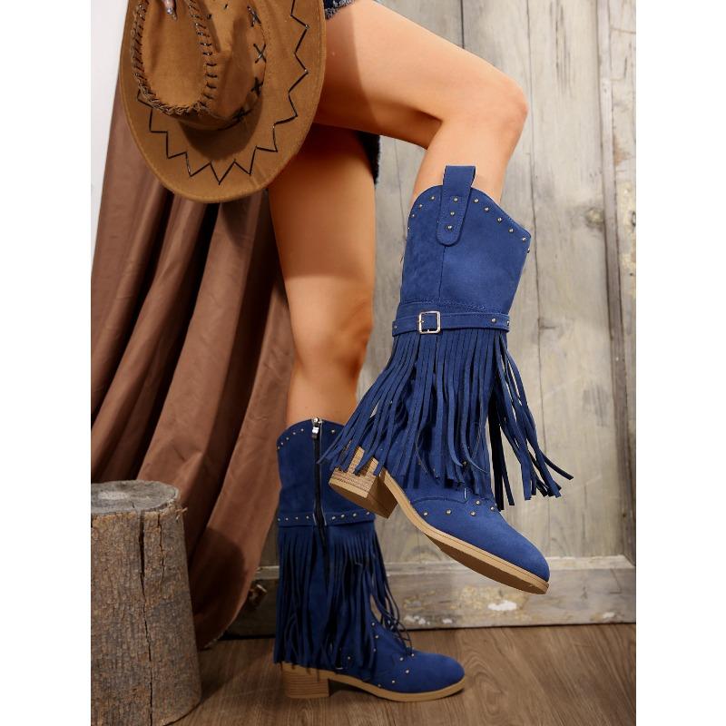 Suede Vintage Fringe Boots 2025 Winter New Rivet Belt Buckle Pointed Toe Mid-Top Boots Plus Size Knight Boots Women