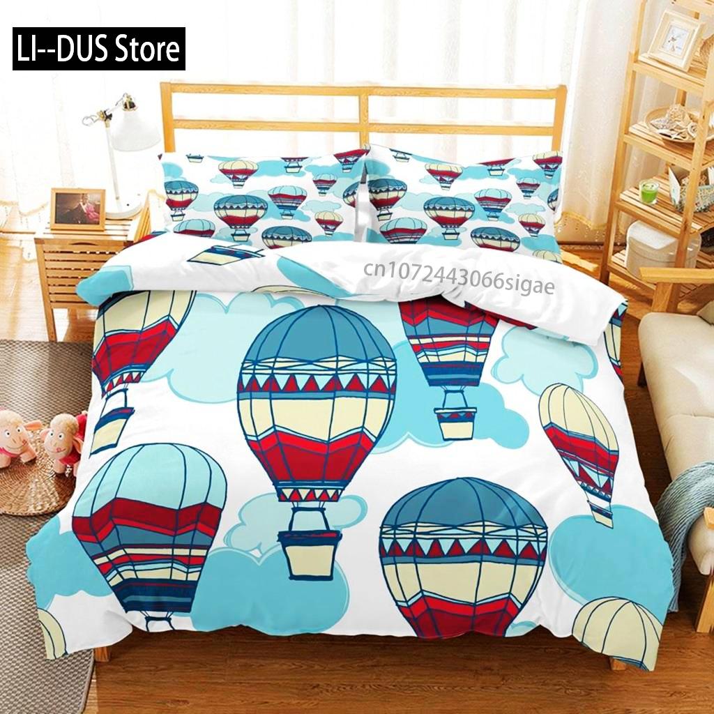 Balloon Duvet Cover Set King Twin Size Polyester Hand Painted Style Floating Hot Air Balloons With Clouds Moon Print Bedding Set