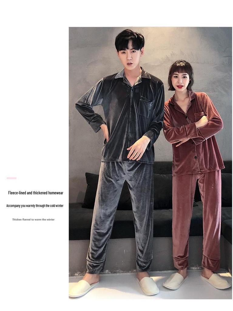 Couple's Gold Velvet Pajamas: Thin Fleece Two-Piece Set for Women & Men - Long Sleeve, Solid Color, Perfect for Spring & Autumn Homewear