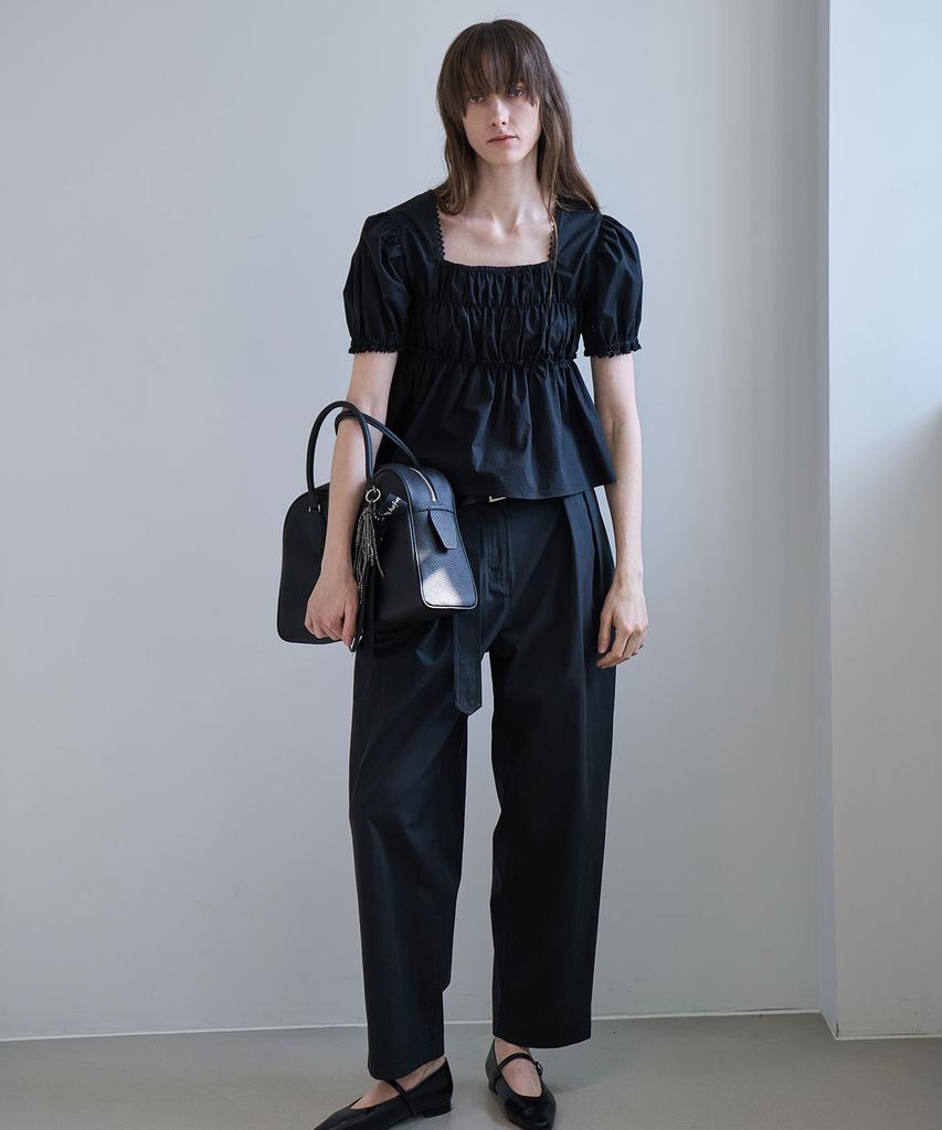 GRIDAJ Cotton Bio-Washed Belted Double-Pleated Pants _ Black