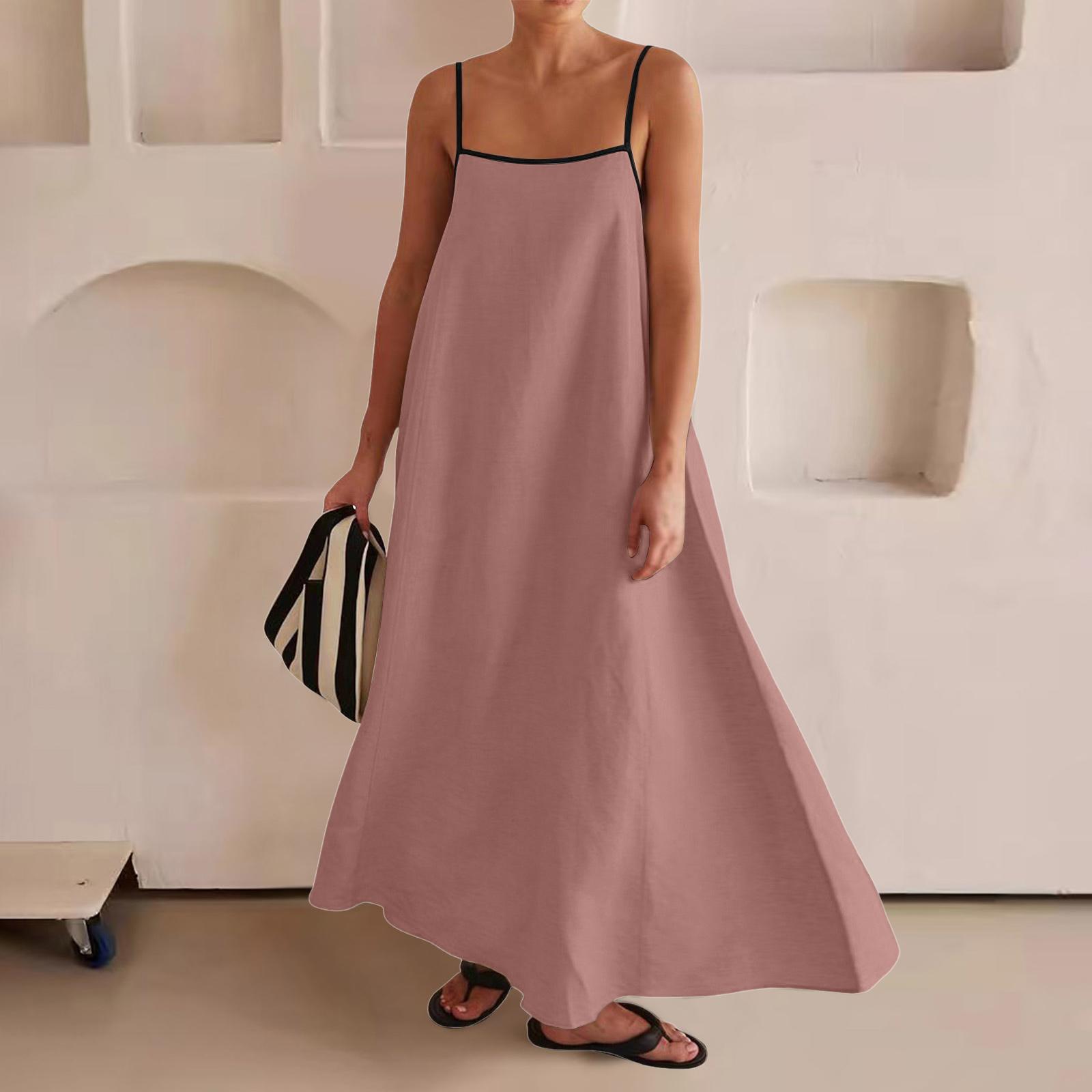 

Ladies Loose Comfortable Casual Fashionable Color Blocked Cotton Leprosy Suspender Large Swing Dress XL