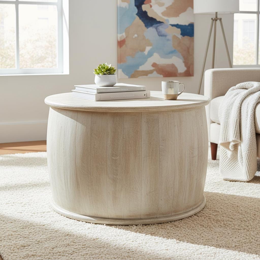 Wooden Round Storage Coffee Table-Whitewashed Side Table, Unique Home Furniture Decor-Nightstand Round Drum Table | Wooden central table
