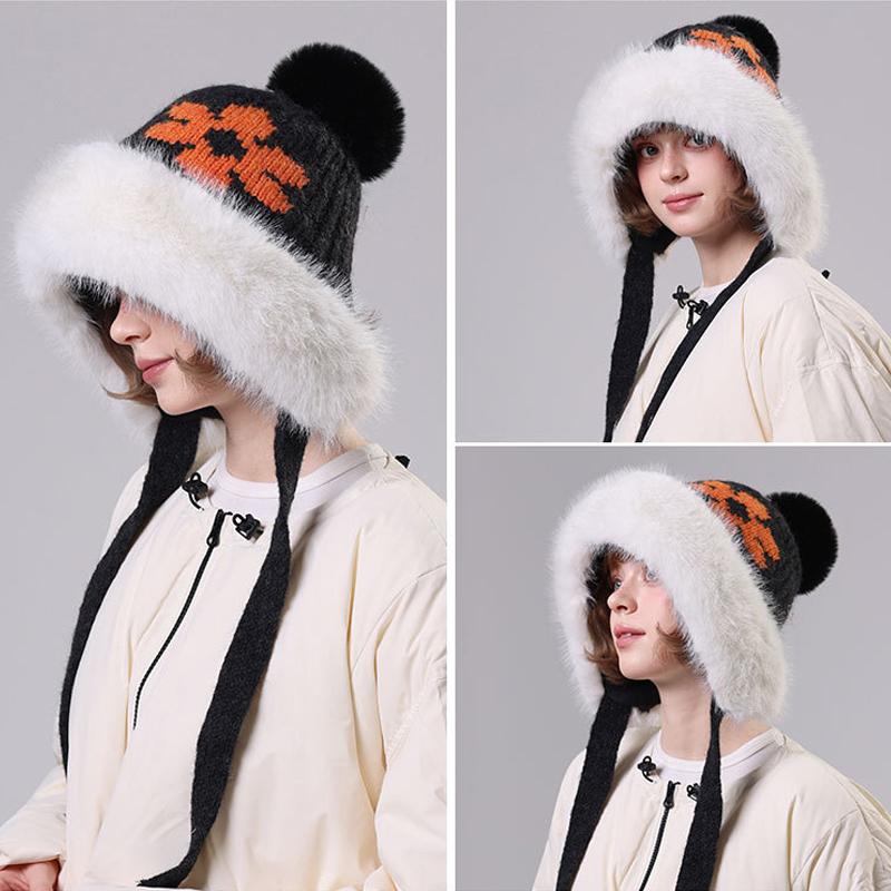 Women's Winter Retro Big Wool Collar Wool Hat Thick Ear Protection Knitted Hat