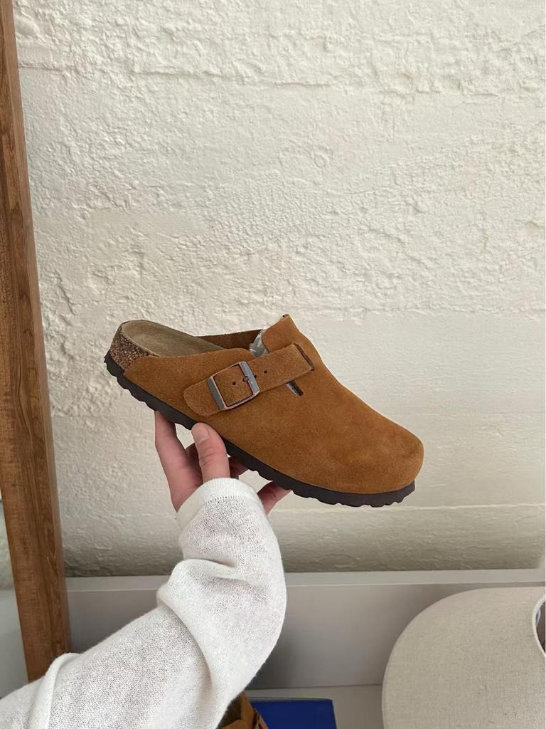 Boken 2024 Autumn Women's Genuine Leather Cork Mule Slippers: Closed-Toe Cow Suede, Flat Bottom, Outdoor Wear.