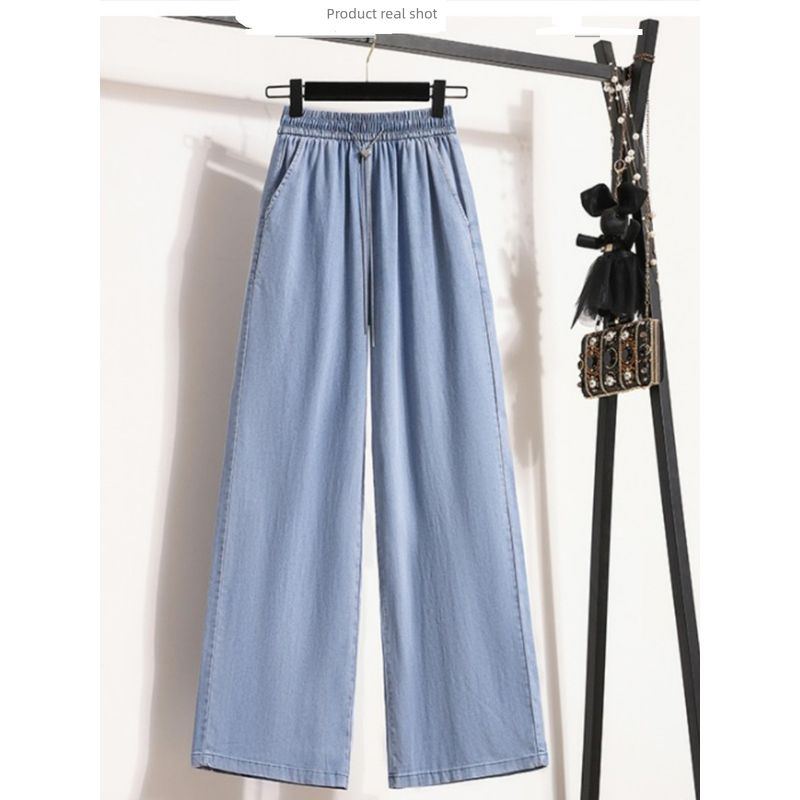 Plus size European and American Elastic High Waist Tencel Thin Narrow Wide Leg Straight Ice Silk Mop Denim Trousers Women M-4XL