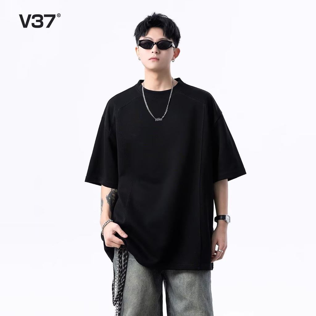 2025Summer Korean Style Loose Round Neck Textured Short Sleeve Padded Shoulder Simple Solid Color Half Sleeve Unisex Trendy Basic Base Shirt t