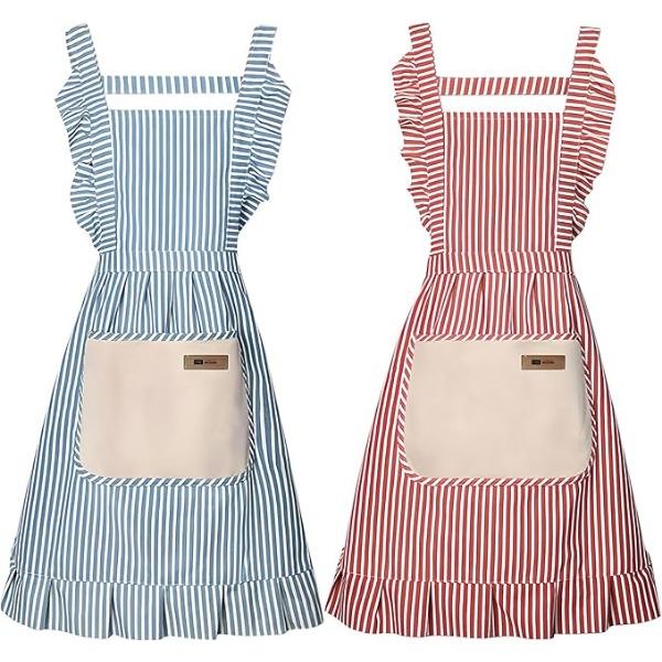 Ladies Girls Apron Kitchen - 2PC Cooking Aprons with Lace Pocket Cords Oil Resistant Stain Resistant Cotton Linen Coral Fleece for Cooking Baking BBQ