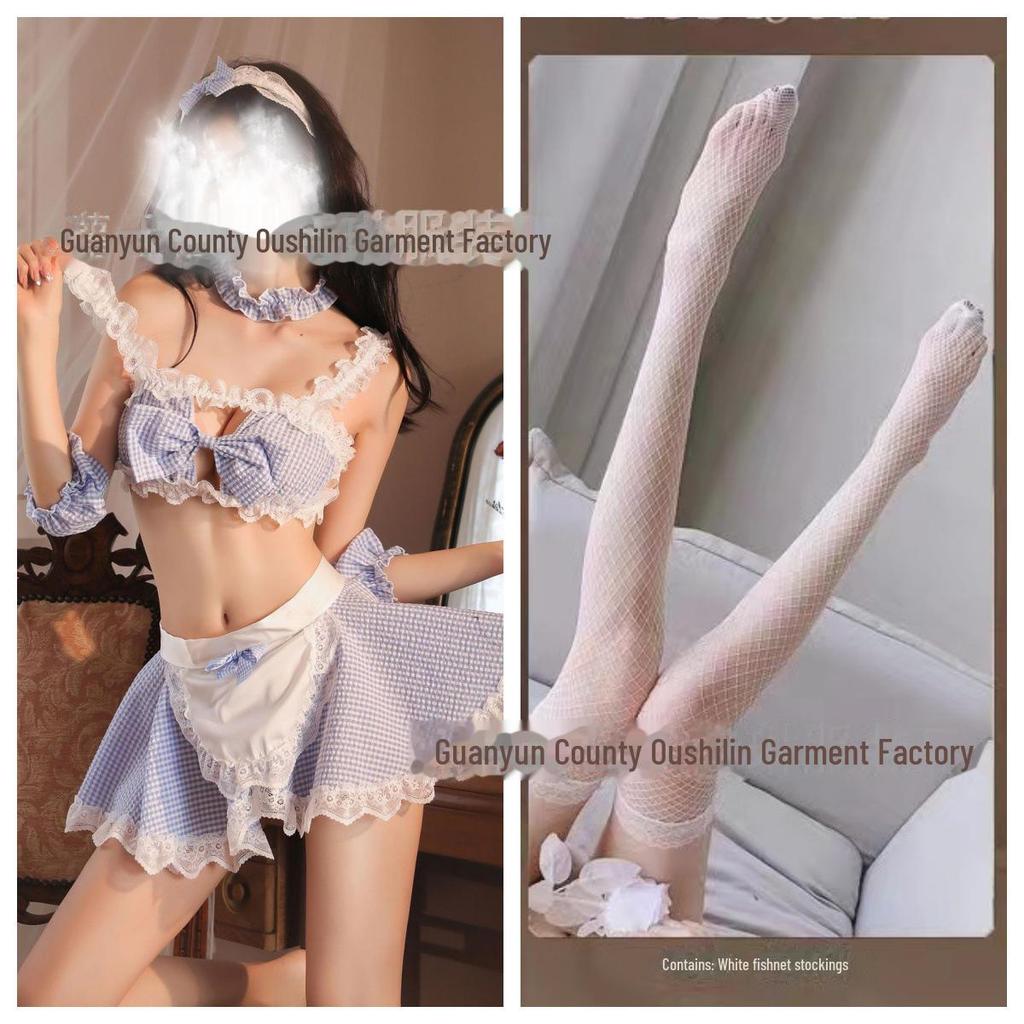 "Svůdné služebné prádlo": Károvaný set s kšandami s krajkovými a mašličkovými detaily"