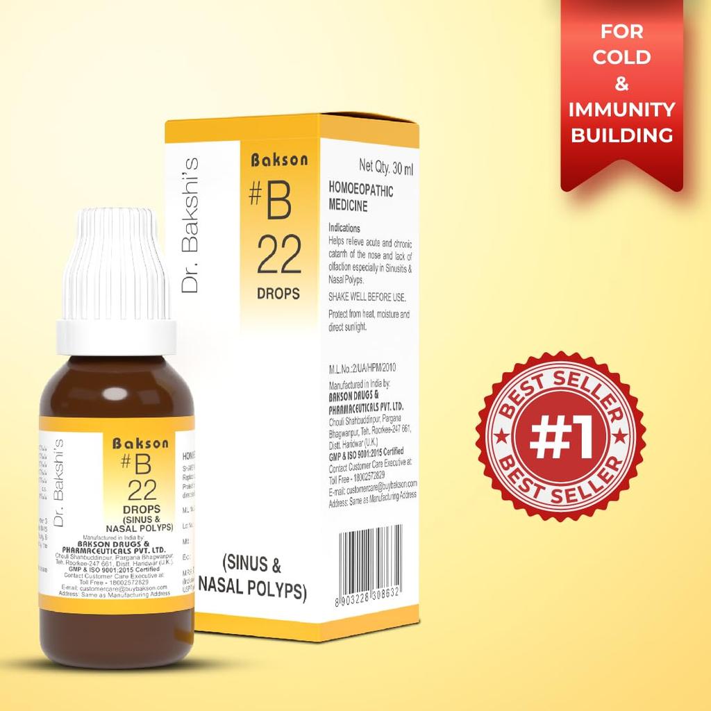 Dr. Bakshi's Bakson's B22 Sinus Drops 30 ml | Nasal Comfort & Relief From Stuffy Nose