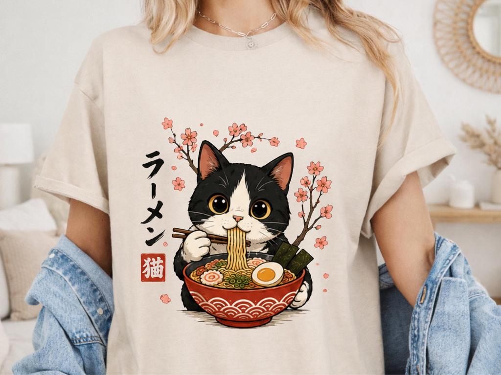 Ramen Cat Shirt, Tuxedo Cat Shirt, Cat Eating Ramen Tee, Kawaii Cat Shirt, Japanese Cat Shirt, Cute Ramen Shirt, Cat Lover Gift