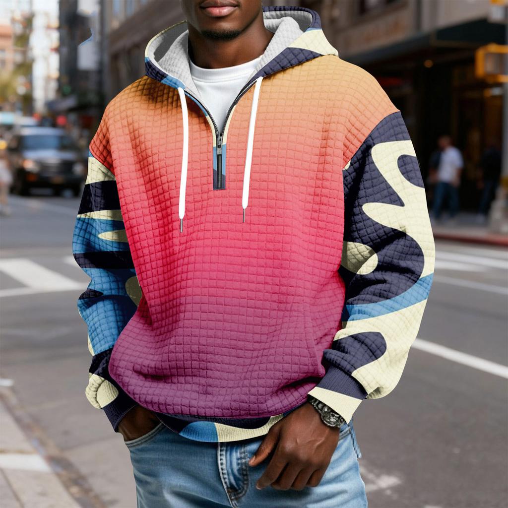 Men's Half-Zip Hooded Plaid Pullover Drawstring Print Casual Sports Sweatshirt