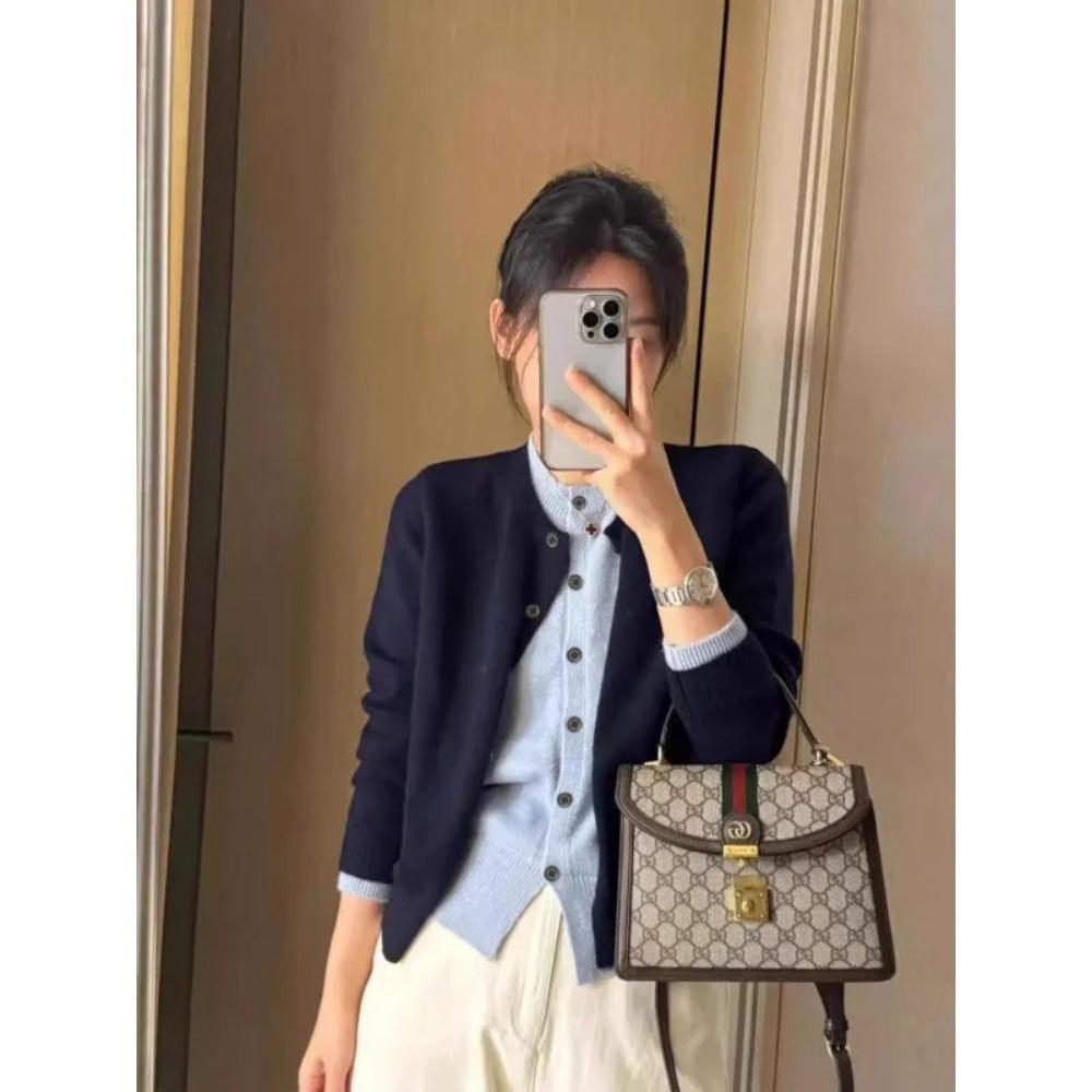 Contrasting Coat Fake Two-piece Knitted Sweater Cardigan Spring and Autumn Single-breasted Age-reducing Long-sleeved Top Women