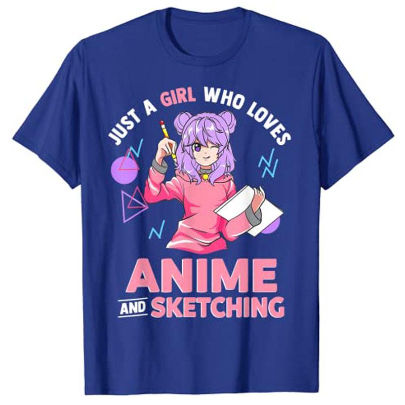 

Just A Girl Who Loves Anime and Sketching TShirt Womens Fashion Y2k Catoon Graphic Clothing Japanese Style Saying Tee Novelty S