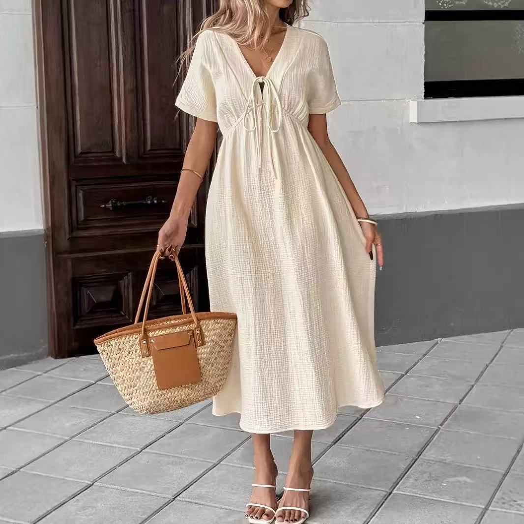 New summer women s clothing V-neck pure cotton loose and comfortable long solid color dress S абрикосовый