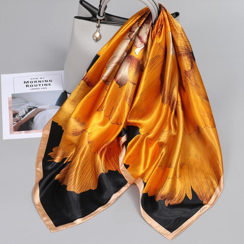 90*90Cm Women Elegant Floral Printed Square Imitation Silk Scarf Hijab Women Luxury Sunscreen And Dustproof Kerchief Head Scarf