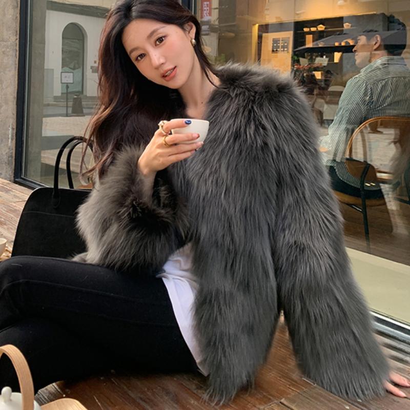 Autumn Long Sleeve Loose Plush Fox Fur Coats Women Fashion Soft Warm Short Winter Jackets Women Tops Solid Elegant Street Loose Lady Jacket Coat 25878