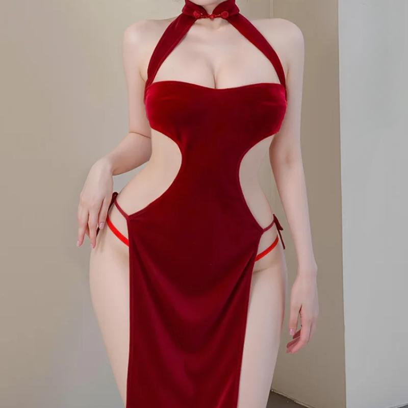 Retro Cheongsam Uniform High Slit Chinese Sexy Lace Qipao Lingerie Party Queen Erotic Costume Night Club Passion Wear Temptation