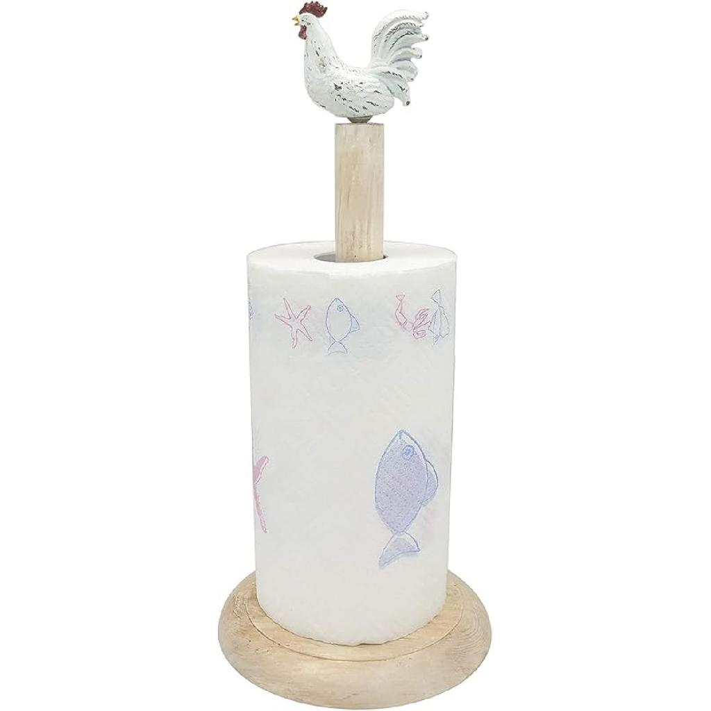 Rooster Design Rustic Brown Wood Paper Towel Holder Stand Up Paper Towel Holder, Easy One-Handed Tear Kitchen Paper Towel Dispenser with Weighted