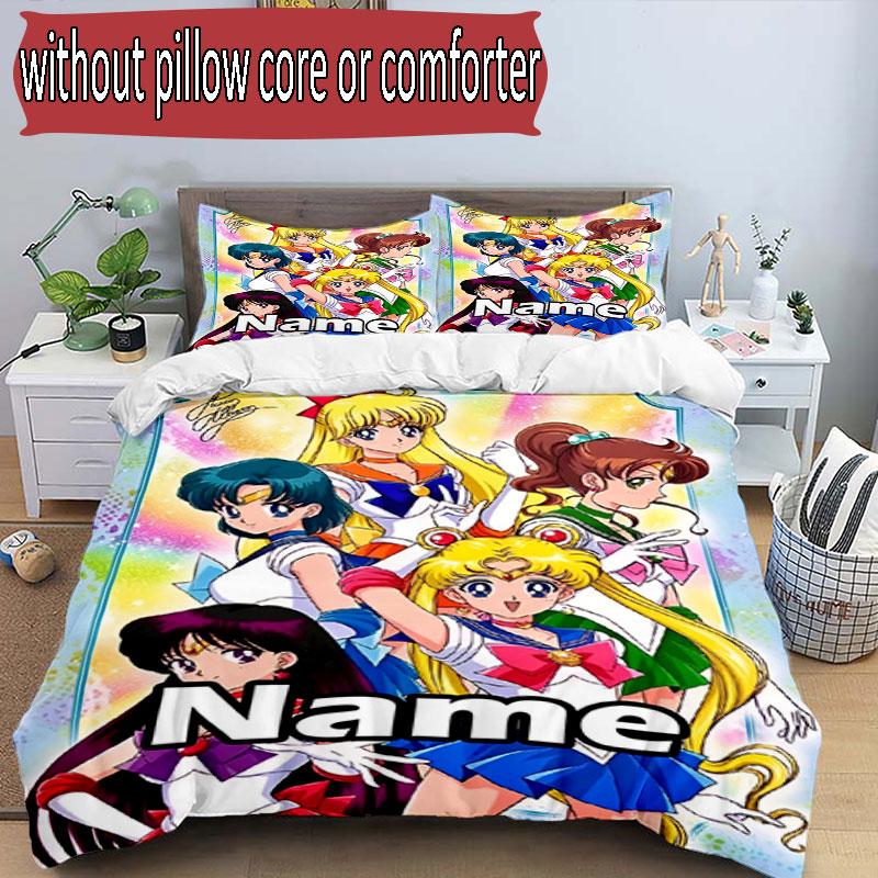 3pcs Duvet Cover Set (1*Duvet Cover + 2*Pillowcase, Without Core), Custom Name Sailor Moon Pattern Bedding Set, Home Bedroom Decor Gift