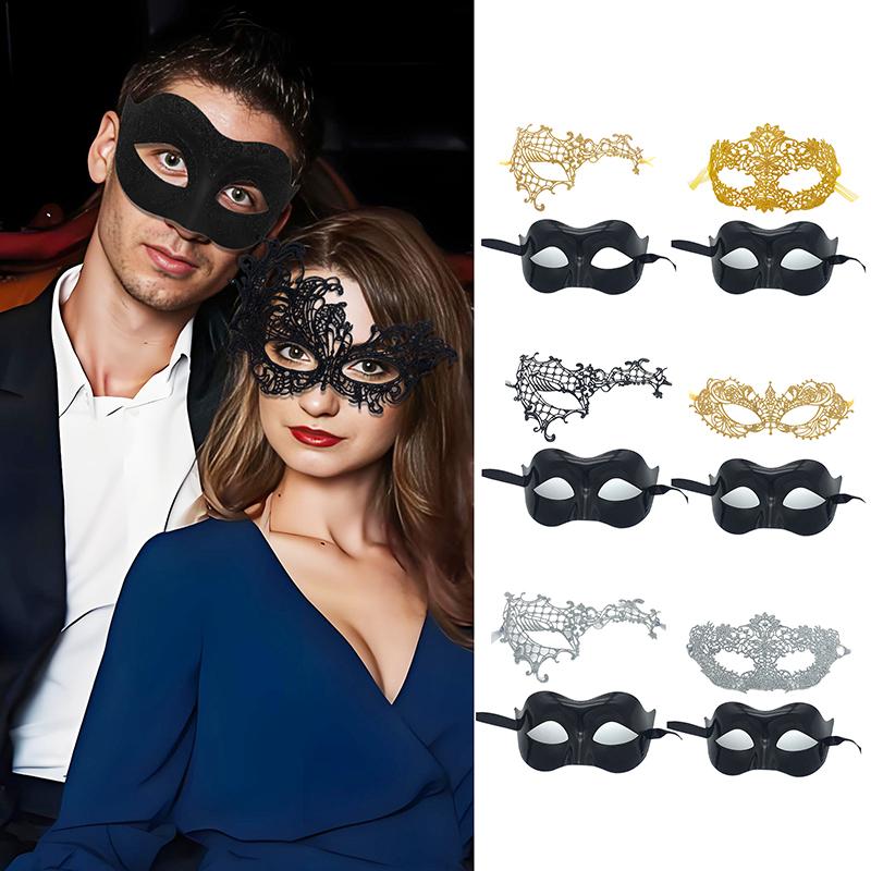 2Pcs Elegant Black Lace Masquerade Mask Set For Couples Perfect For Venetian Party Mardi Gras And Halloween Celebrations