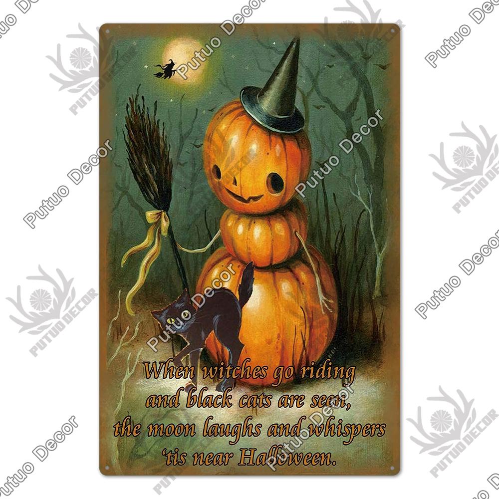 Putuo Decor Halloween Schwarze Katze Vintage Metallschild Plakette Metall Vintage Blechschild für Wohnzimmer Tür Tierhandlung Wanddekoration