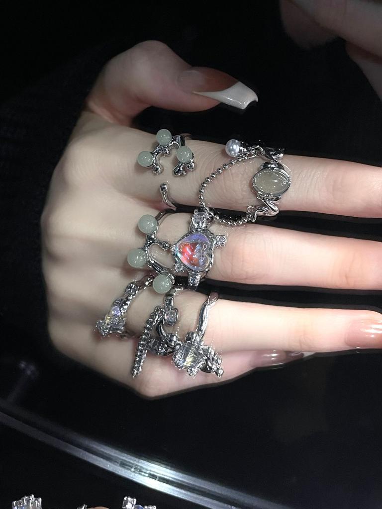 Niche Design Cold Wind Sweet Wind Jade High-End Combination Stacked Open Ring Female French Ring