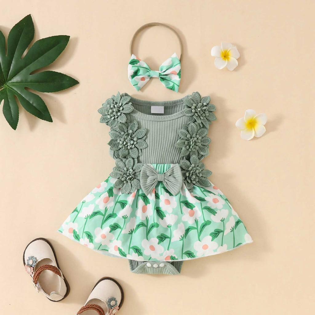 Baby Girl Sleeveless Lace Floral Bowknot Romper Dress with Headband Toddler One-piece Outfit Summer Style