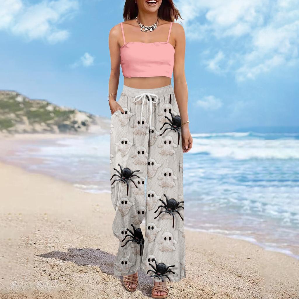 Women Summer Boho Palazzo Pants High Waist Wide Leg Halloween Printing Casual Trousers With Pockets