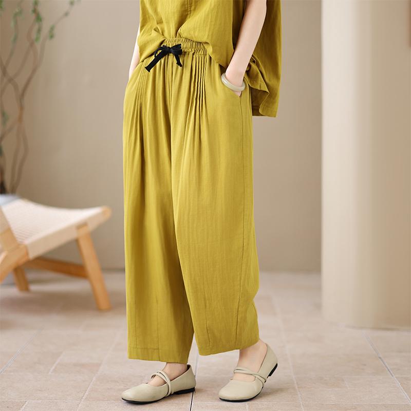DIMANAF 2026 Summer New Plus Size Women Long Pants Cotton Linen Loose Elastic Waist Vintage Casual Lady Bottoms Clothing