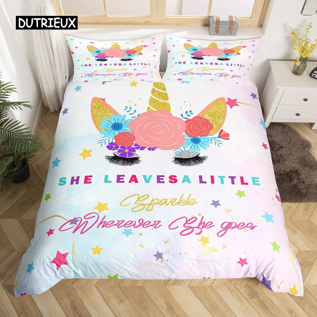 Girls Cute Unicorn Duvet Cover Set Cartoon Animal Bedding Set Microfiber Floral Star Quilt Cover Twin King For Kids Teens Room