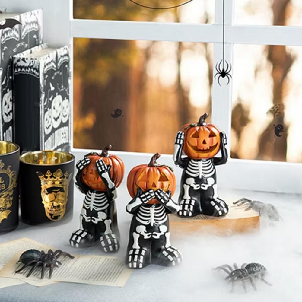Halloween Skeleton Decorations Skeleton Figurines Spooky Halloween Skeleton Pumpkin Statues for Home Party Decor