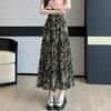 Qooth Women's Floral Chiffon Skirt Summer Autumn Maxi Flared Skirt with Elastic Waist QT2660