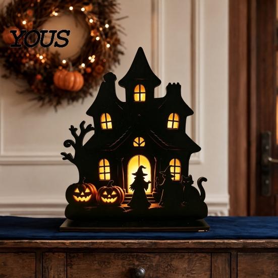 Black Matte Halloween Decoration Witch Wooden Table Centerpiece, Spooky Castle Cat Standing Durable Silhouette Tabletop Ornament for