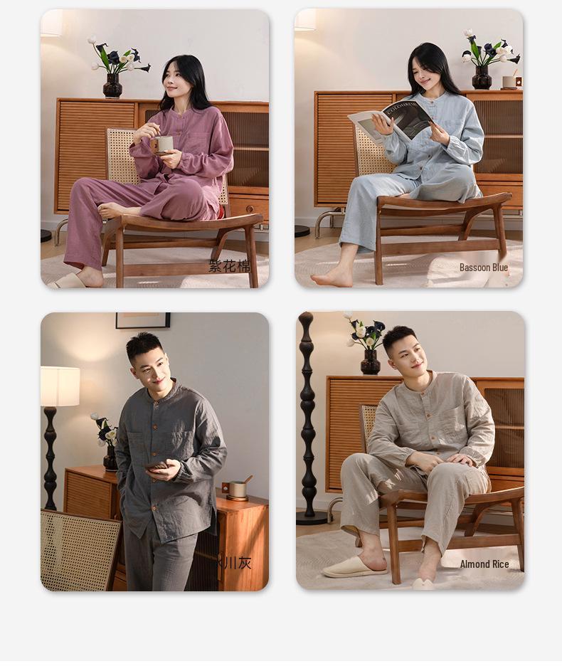 Women's Spring & Autumn Stand-Up Collar Cotton Gauze Pajama Set - Long-Sleeve Cardigan Couple Homewear