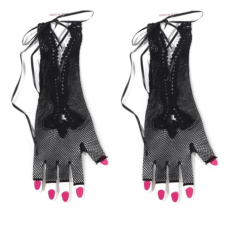 Fashion Women's Mesh Lace Gloves Dancing Party Half Finger Skeleton Gloves Halloween Short Gloves