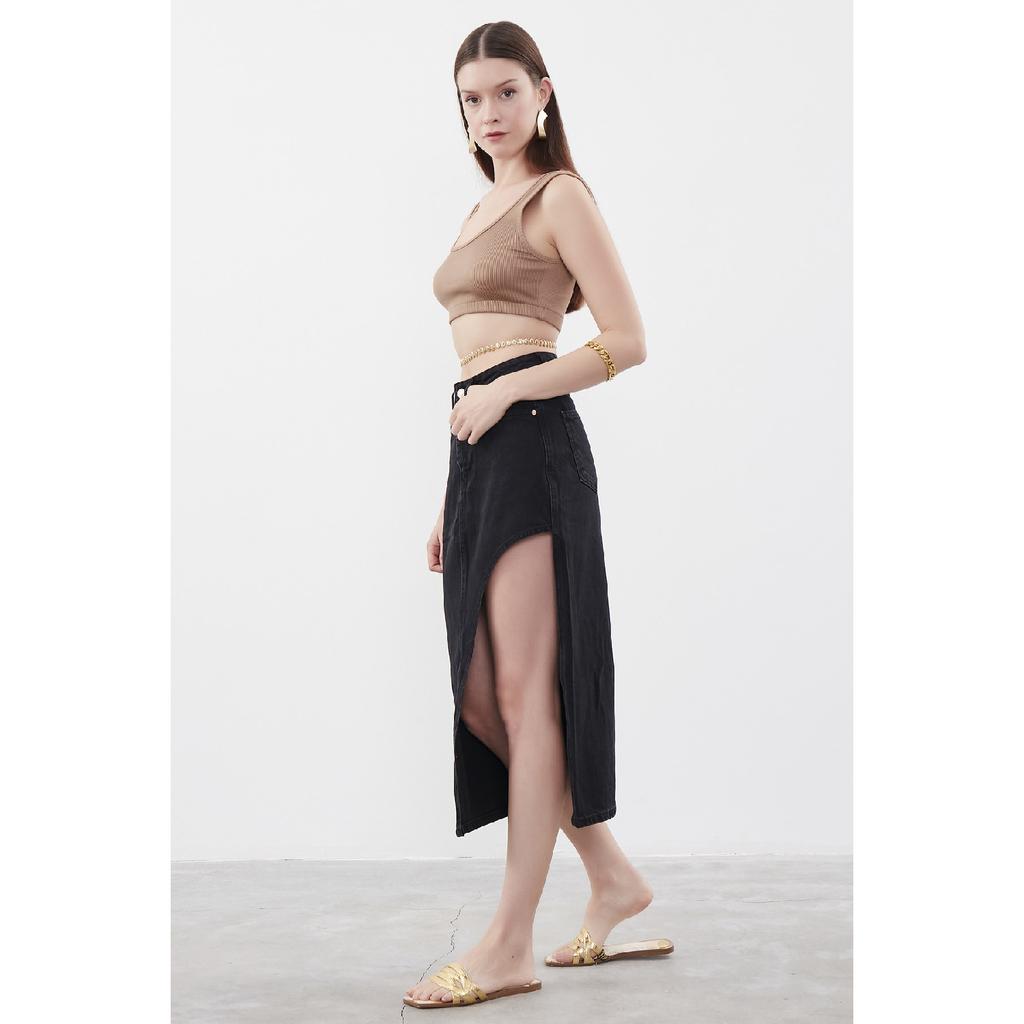 Women's Blue Denim Color Long Denim Skirt With Deep Slit Detail On The Side