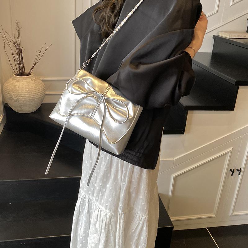 Fashi Bow Pleated Design Shoulder Bags for Women Versatile Ladies Square Crossbody Bag Solid Color Sweet Girls Pu Handbags