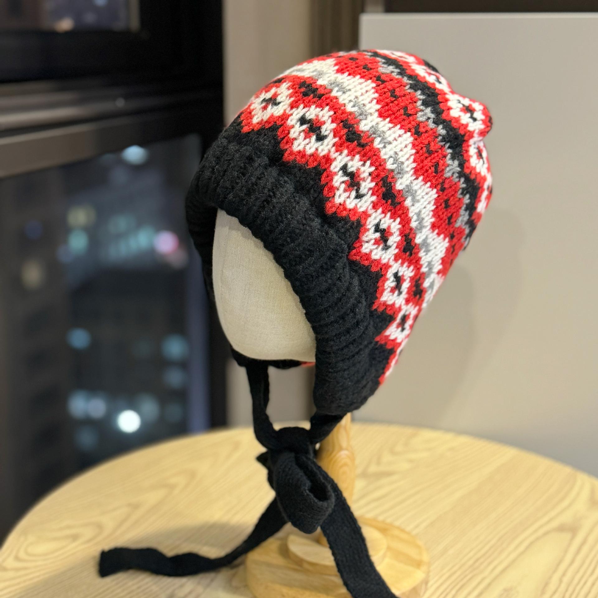 

Women s balaclava hat for autumn and winter, Fair Isle knitted wool hat, versatile and warm, ear-protecting, suitable for large head sizes Adult54-60Average Size чёрный
