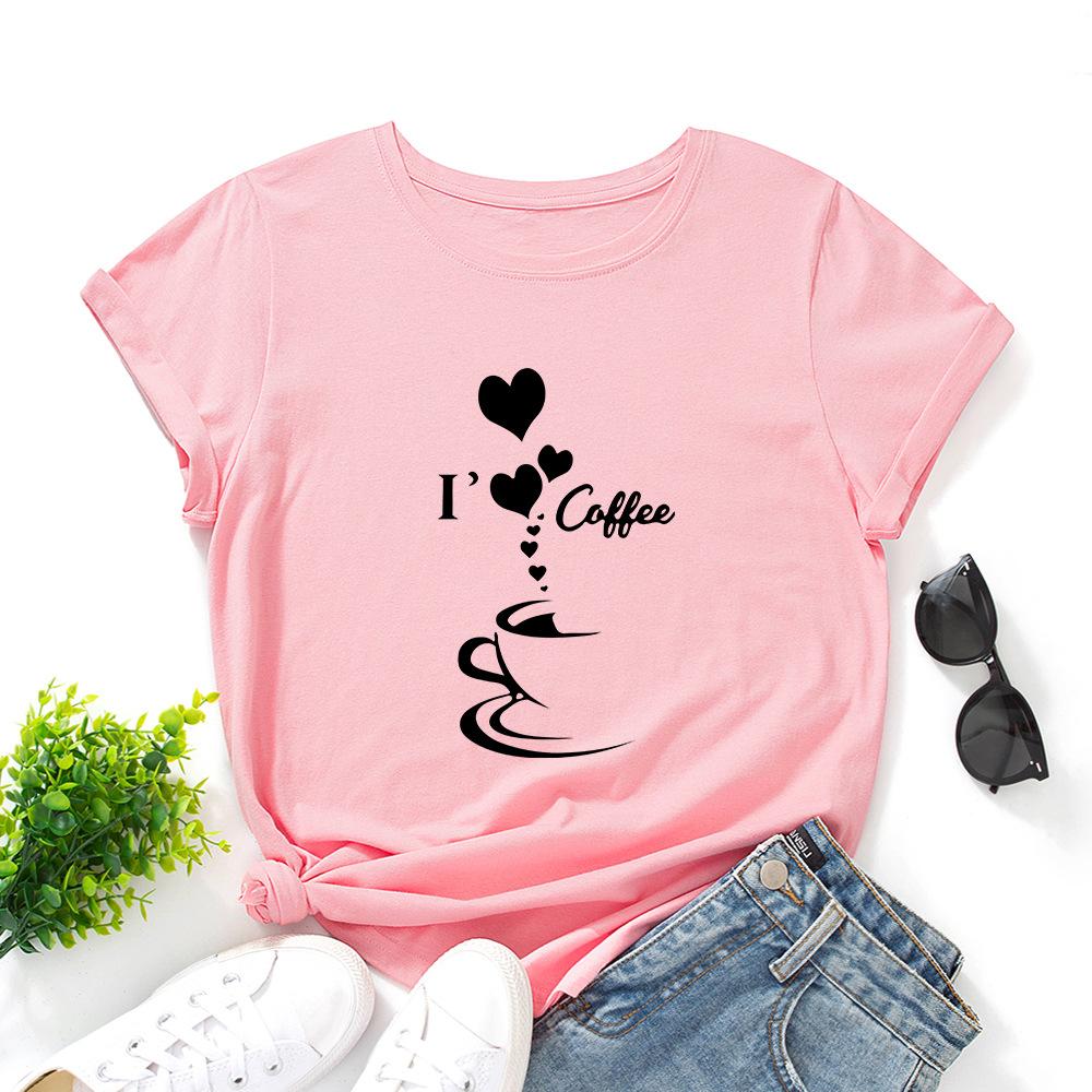 I Heart Coffee Cotton T-Shirt Short Sleeve Round Neck Women 2d Print Tops