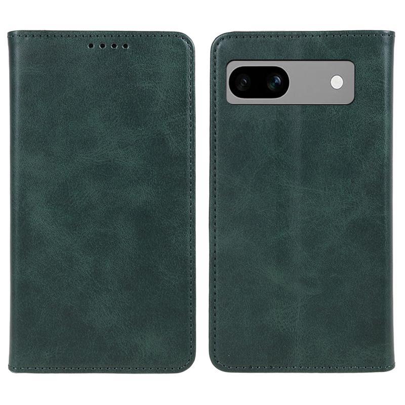 

For Google Pixel 7a Calf Texture PU Leather Phone Case Magnetic Closing Stand Wallet Cover Green