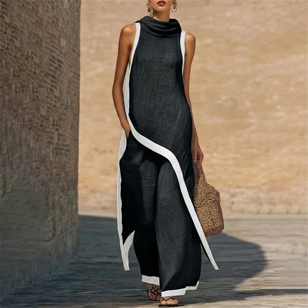 Women's Fashionable Casual Asymmetrical Hooded Sleeveless Top And Pants Two-Piece Set