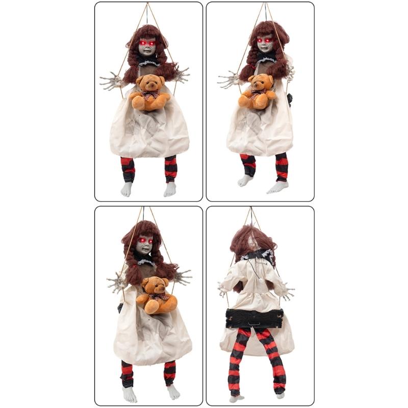 Halloween Hängende Mädchenfigur mit beleuchtetem Gesichtsdetail, Seilschaukel-Dekoration für Veranda-Eingang, Partybereich, Gartenakzent