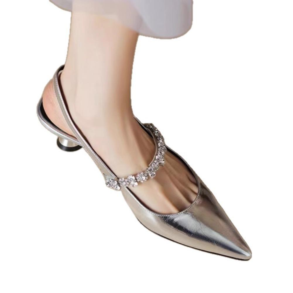 Fashion New Black Silver Low Heels Sandals 2025 Women Shiny Crystal Straps Pointed Toe Sandals Woman Slingbacks Pumps Ladies Shoes