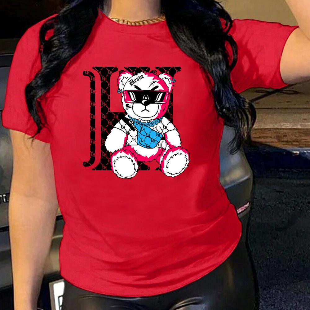 Cartoon Bear Cotton T-Shirt Short Sleeve Round Neck Women 2d Print Tops