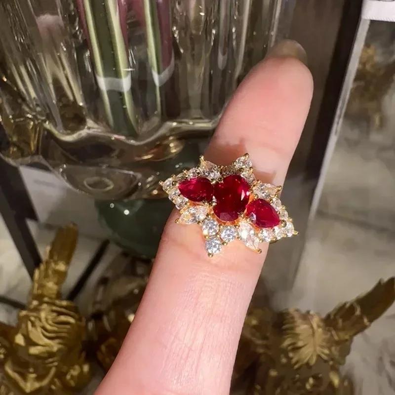 High quality red water droplet engagement ring Vintage court style showy ruby rings for women light luxury wedding Zircon