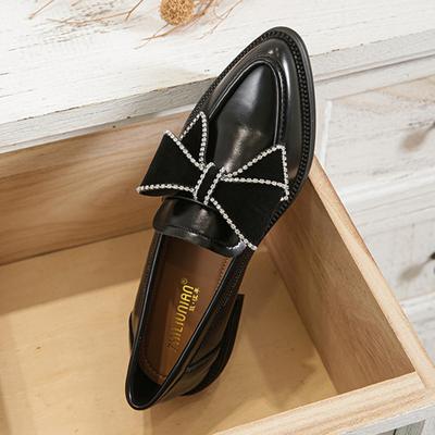 Fashion 34-42 Big Size Bowknot Oxford Shoes Woman Pointed Toe Leather Flats Low Heel British Loafers Women Rhinestone Bow Flat Moccasins
